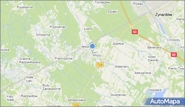 mapa Mrozy, Mrozy gmina Puszcza Mariańska na mapie Targeo